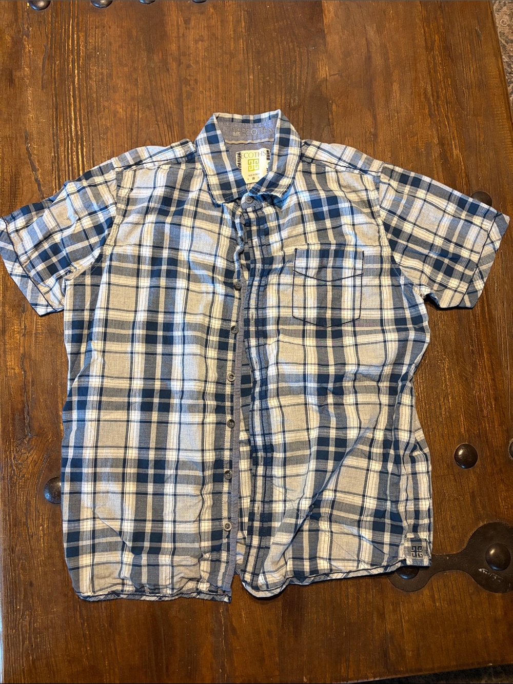 Ecoths Blue and White Plaid Short-Sleeve Button-Down Shirt